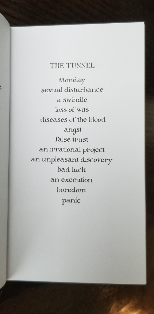 Page of a small book: The Tunnel: Monday, sexual disturbance, a swindle, loss of wits, diseases of the blood, angst, false trust, an irrational project, an unpleasant discovery, bad luck, an execution, boredom, panic