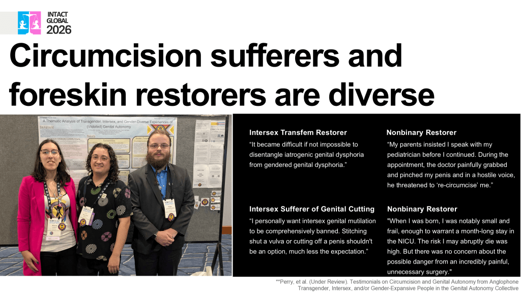 A diverse group of individuals participating in a conference about circumcision and foreskin restoration, standing in front of poster presentations.