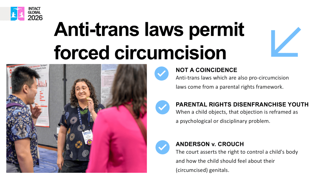 Slide 8. Anti-trans laws permit
forced circumcision
Not a coincidence:
Anti-trans laws which are also pro-circumcision
laws come from a parental rights framework.
Parental rights disenfranchise youth: When a child objects, that objection is reframed as
a psychological or disciplinary problem.
Anderson v. Crouch
The court asserts the right to control a child's body
and how the child should feel about their
(circumcised) genitals.